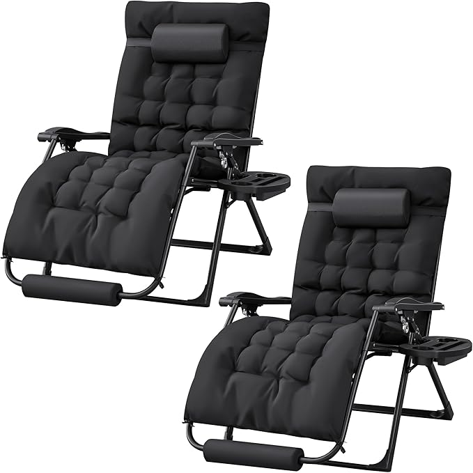 Homall Oversized Zero Gravity Chair, Set of 2 Recliner Lounge Chair with Removable Soft Cushion and Cup Holder, Adjustable Anti Gravity Chair Folding Patio Chairs Padded for Indoor and Outdoor (Black)