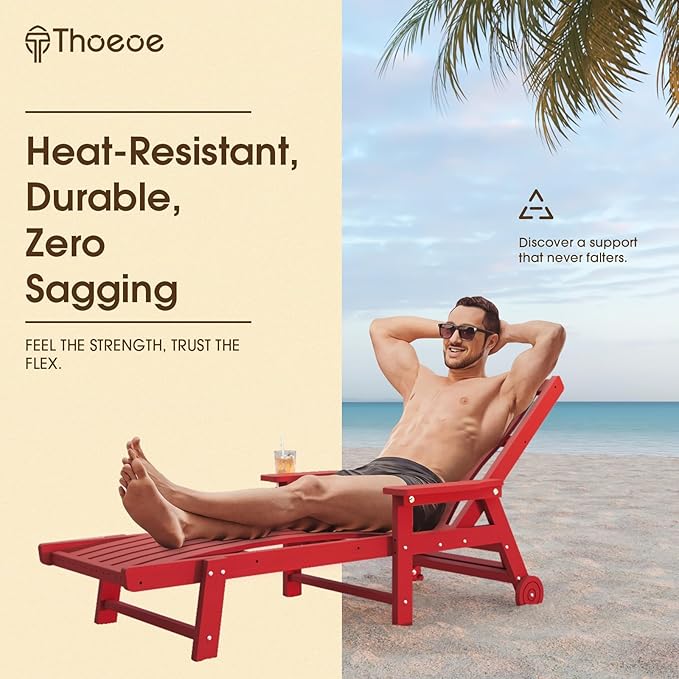 Patio Chaise Lounge Chair Set of 2, Oversized Lounge Chair Outdoor with 5 Positions, HDPE, Patio Lounge Chair with Wheels & Cup Holder for Pool, Deck, Poolside,Red
