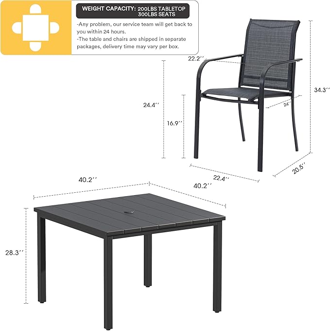 VICLLAX Patio Dining Set for 4, Alll Weather Metal Outdoor Furniture Set Includes 1 Square Outdoor Table and 4 Stackable Patio Chairs, Black Table and Dark Grey Chairs
