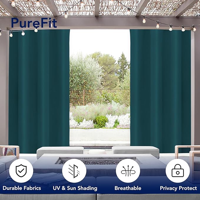 PureFit Outdoor Curtains for Patio Waterproof Weatherproof, UV Resistant Outside Curtains for Gazebo, Front Porch, Pergola, Sun Blocking Privacy Curtain, 52W x 120L inch, 1 Panel, Teal