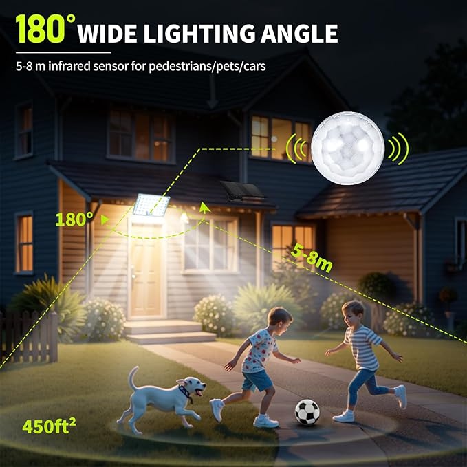 184 LED Solar Lights Outdoor, Waterproof Solar Motion Sensor Flood Lights Outside with 3 Modes Adjustable, Auto On/Off, 20Ft Cable for Porch, Patio, Garden, Garage,Yard