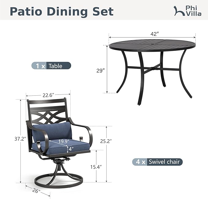 PHI VILLA 5 Pieces Outdoor Dining Set for 4, 42" Round Black Metal Table with Umbrella Hole & Wrought Iron Swivel Chairs, Large Outside Furniture with Blue Cushions & Pillows for Patio, Deck, Porch