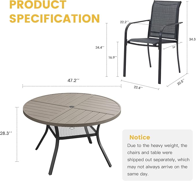 VICLLAX Patio Table and Chair Set of 6, All Weather Metal Round Outdoor Dining Furniture Set-47 Round Outdoor Table and Chairs, Grey Wood Grain Tabletop