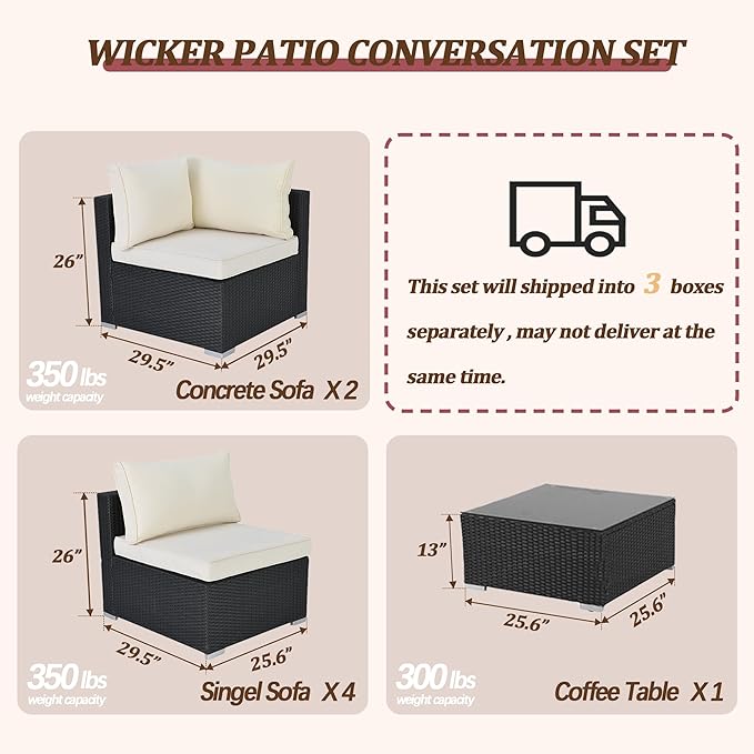 7 Piece Outdoor Patio Furniture Sets, Beige Patio Sectional Furniture All-Weather PE Rattan Sectional Sofa, Outdoor Wicker Conversatin Set w Glass Coffee Table for Backyard, Garden, Porch