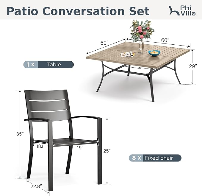 PHI VILLA 9 Pieces Outdoor Patio Dining Set for 8, 60”Square Brown Metal Steel Table with Umbrella Hole & Stackable Black Iron Chairs, Large Outside Furniture Set for Deck, Yard, Porch