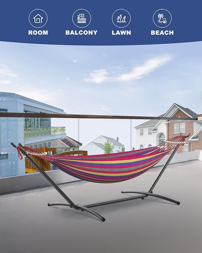 Double Hammock with Heavy-Duty Steel Stand,Portable,Easy Assembly,600lbs Weight Capacity,Suit for Indoor,Yard,Camping,or Outdoor-Wide Red