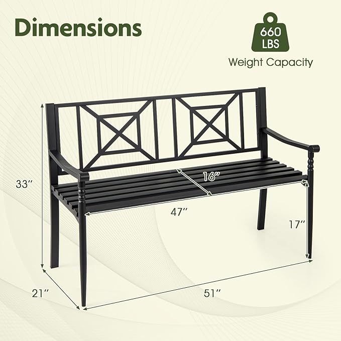 Giantex Metal Outdoor Bench with Backrest, Curved Armrests, Non-Slip Foot Pads, Slatted Seat for 2-3 Persons, Load 660lbs, Loveseat, Patio Bench for Garden, Yard, Poolside, Lawn, Porch, Park, Black