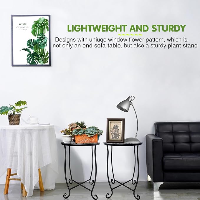 Fashion&cool Outdoor Side Tables for Small Space, 2 Pack Patio Side Table, Weather Resistant Metal Small Round Outdoor Side Table for Patio Yard Porch Balcony Garden Bedside, Plant Stand