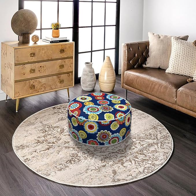 Magpie Fabrics Indoor/Outdoor Inflatable Stool Ottoman Pouf, Water Repellent Round Footrest Footstool with Foot Pump D20 xH9, Portable for Patio Garden Camping or Home, Floral Navy