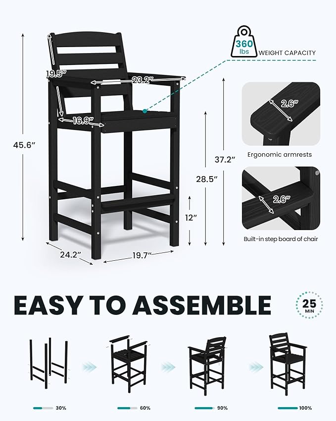 SERWALL Tall Adirondack Chairs Set of 2, Oversize Balcony Adirondack Chairs Set, Outdoor Bar Height Barstools Widened Chair Set for Bistro, Poolside, Garden, Black