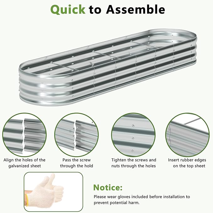 zizin Oval Galvanized Raised Garden Bed Kit 8x2x1ft Metal Planter Box for Outdoor Vegetables, Silver