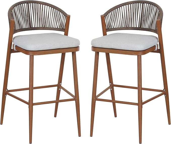 Christopher Knight Home Hearth 30.25" Patio Barstools Set of 2, Woven Wicker Counter Stool, Aluminum Frame Barstool, PE Rattan Scallop-Shape Backrest Woodlike Stool for Backyard Balcony Garden, Teak