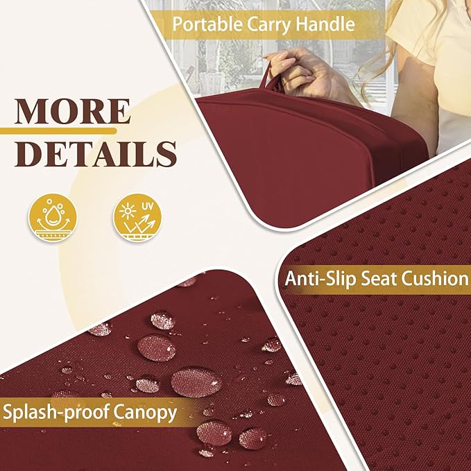 Upgrade 180° Convertible Outdoor Swing for Adults, Outdoor Porch Swing with Stand 800lb Bearing Capacity, 3-Seat Outdoor Swing with Canopy Adjustable, Thickened Cushions (Square, Wine Red)