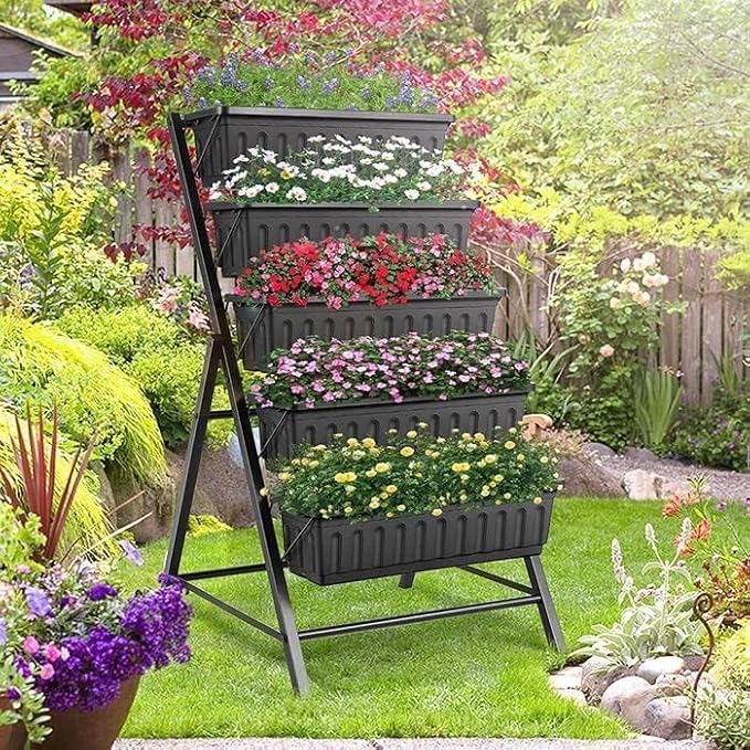 SEJOV 2 Pack Vertical Raised Garden Bed, 5 Tiers Elevated Planter Box for Herbs Vegetables Flowers, Graden Vertical Planter with Drainage System for Patio Balcony Garden Outdoor Indoor Plants, Black