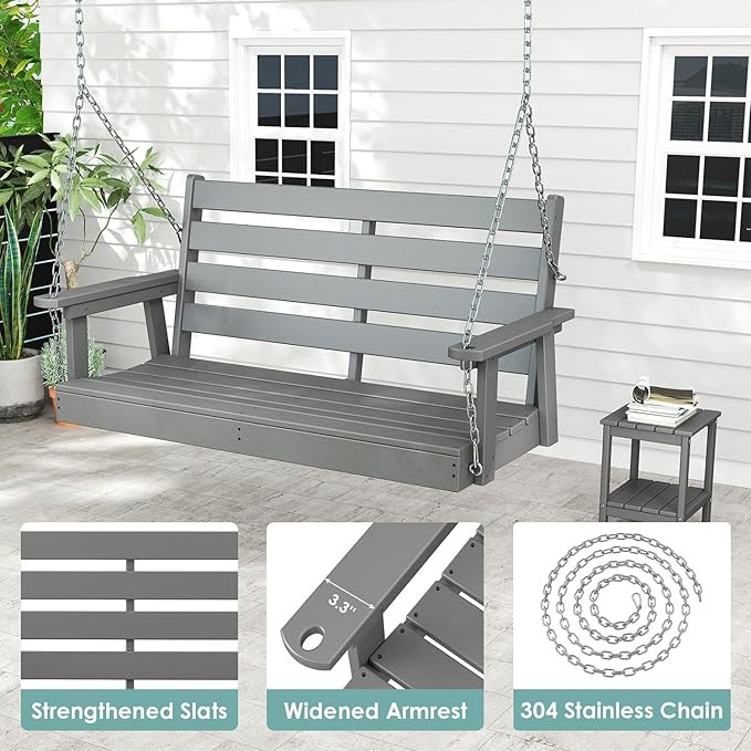 IVY&LANE Outdoor Porch Swing | HDPE Plastic | 2-Person | Hanging Bench Swings | Weatherproof | 4 Stainless Steel Chains | Grey | for Outside Patio Garden Backyard Tree