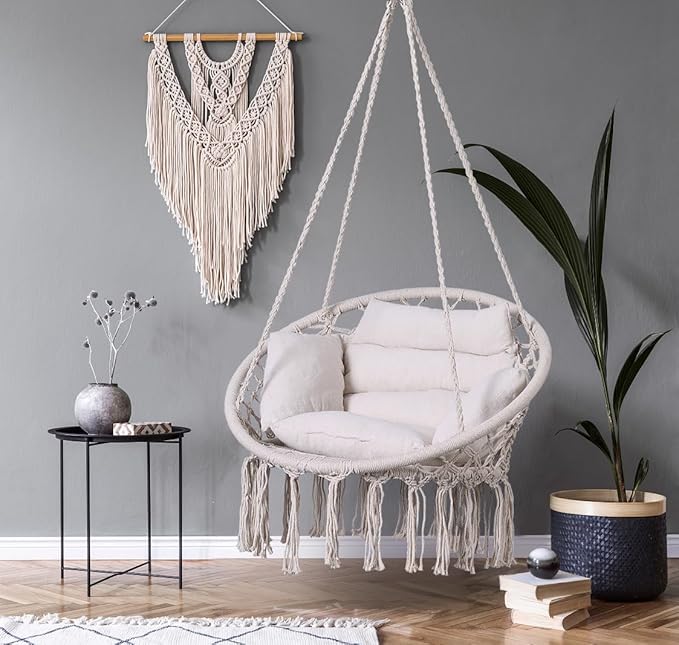 Goutime Hammock Chair, Macrame Hanging Swing Chairs with Cushion and Hardware Kit,Adult Boho Swings for Outside,Patio,Balcony,Bedroom (Beige)