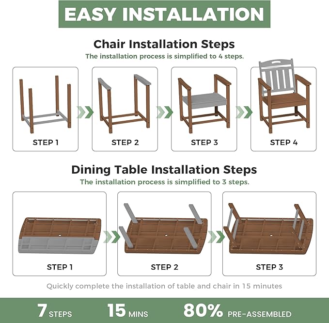 5-Piece Outdoor Dining Furniture Set with Chairs, All-Weather HDPE Patio Table and 4 Chairs, Umbrella Hole, for Garden Backyard or Deck - Teak