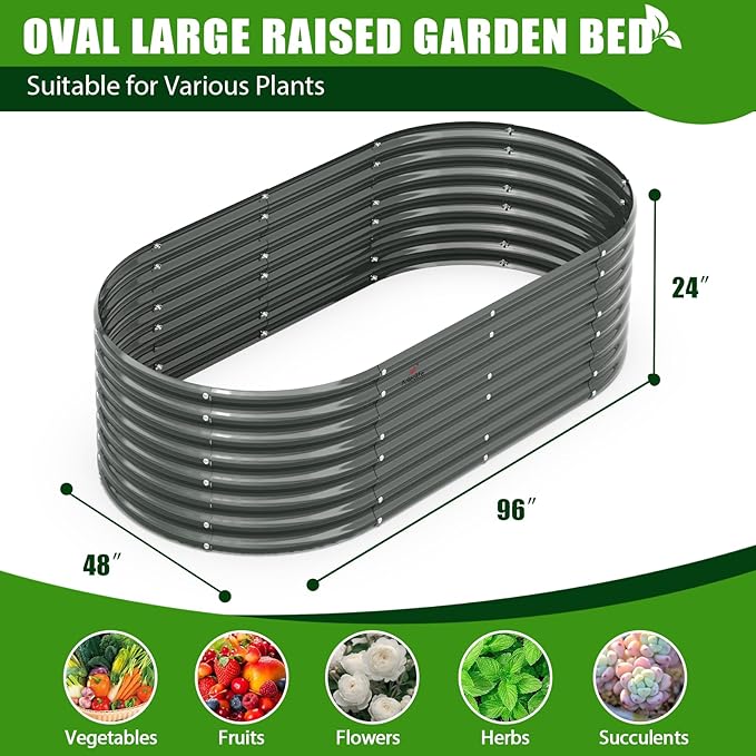 A ANLEOLIFE 7-Set 8X4X2 ft Galvanized Raised Garden Bed Kit, Oval Metal Deep Root Planters for Outdoor Plants, Quartz Grey