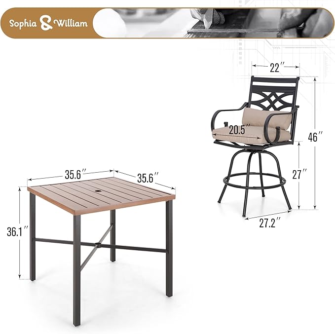 Sophia & William Outdoor Patio Bar Set 5 Piece High Dining Table and Chairs Furniture Set-4 Swivel Bar Stools with Beige Cushion and 1 Square Bar Height Table with Hand-Painted Metal Top