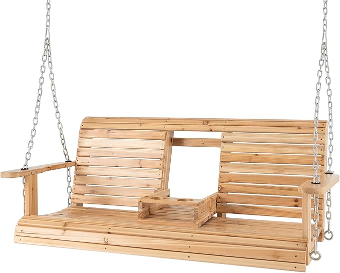 Tangkula 2 Person Hanging Porch Swing, Outdoor Bench Swing with Adjustable Chains, Foldable Cup Holders, High Back, Cozy Armrests, Wooden Hanging Swing Chair for Backyard Deck Garden Natural