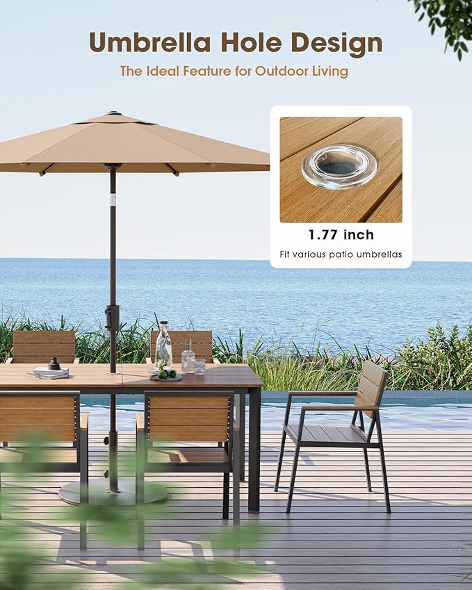 Outdoor Patio Dining Sets, Aluminum 5 Piece HDPS Outdoor Dining Table Set with Umbrella Hole, Modern Patio Furniture Set, Patio Dining Table and 4 Chairs (Gray & Teak)