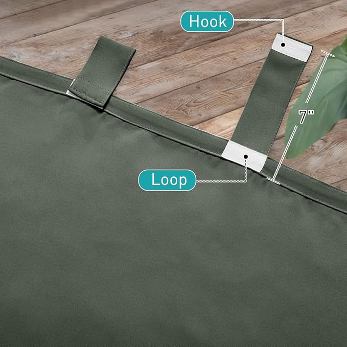 NICETOWN 2 Panels Greyish Green Outdoor Curtainss for Patio Waterproof, Detachable Sticky Tab Top Blackout Indoor Outdoor Blinds Heat & Cold Blocking Privacy for Gazebo/Porch, W52 x L95