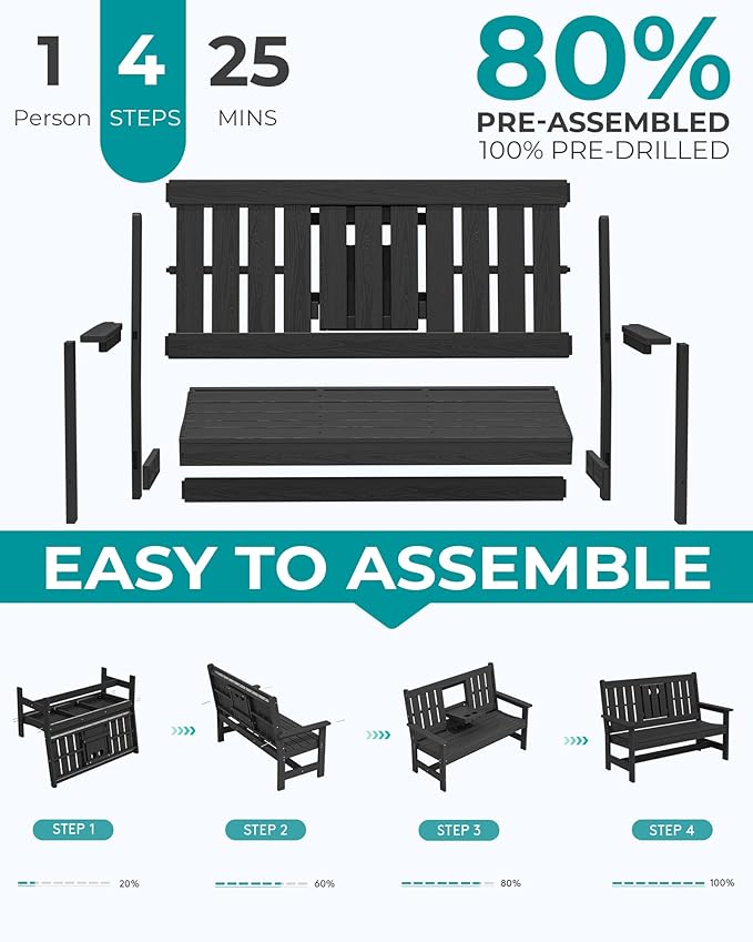 SERWALL Outdoor Bench with Cup Holder, 58" HDPE Garden Park Bench Suitable for 3 Person, All Weather Patio Benches with High Backrest and Wide Armrests for Garden, Park, Yard, Front Porch, Black