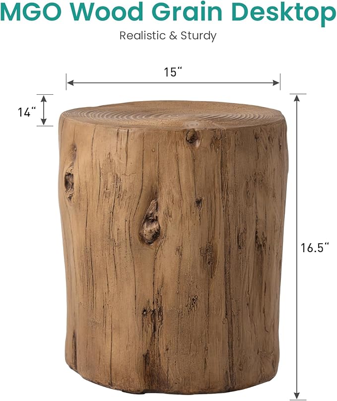 SUNBURY Outdoor Side Table Set of 2, Tree Stump Side Table Light Oak Colored Faux Wood, Wood Stump Stool, Ottoman or Plant Stand, Deck or Garden