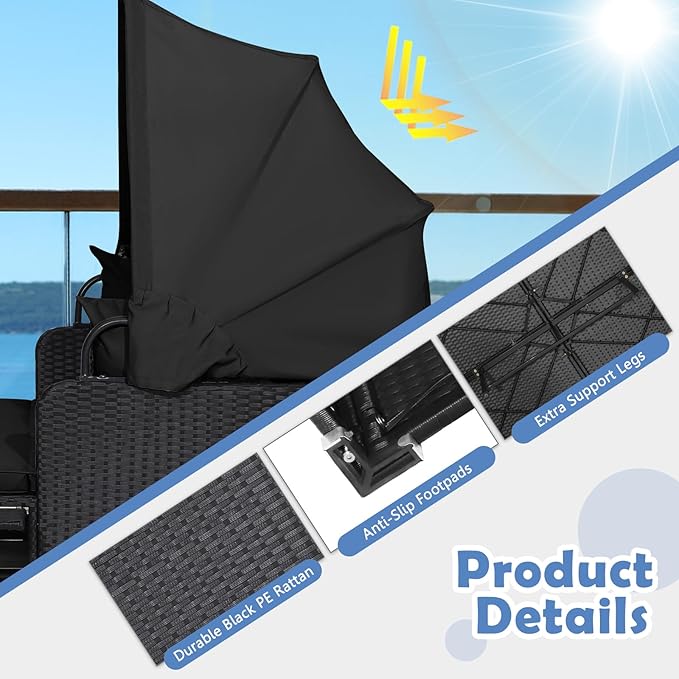 Moccha Outdoor Daybed with Retractable Canopy, Wicker Cabana with 2 Side Tables & Soft Cushions ,Hand-Woven PE Rattan Bed Lounger, Patio Sectional Furniture Set for Garden Backyard Porch (Black)