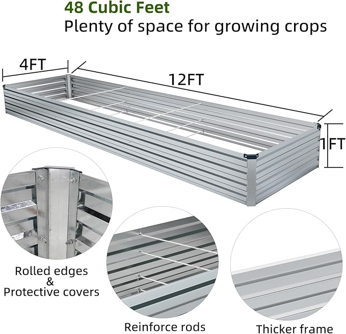 2 Pack 12x4x1FT Galvanized Raised Garden Beds Kit Outdoor Metal Gardening Planter Box for Vegetable Elevated Flower Herbs,Silver