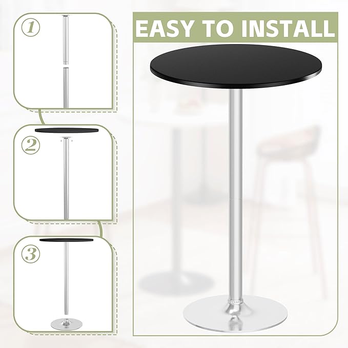 Flamaker Round Bistro Pub Table Modern Style Metal Base MDF Top Cocktail Bar Table Counter Bar Height for Pub, Dining Room, Party (1, Black-Silver)