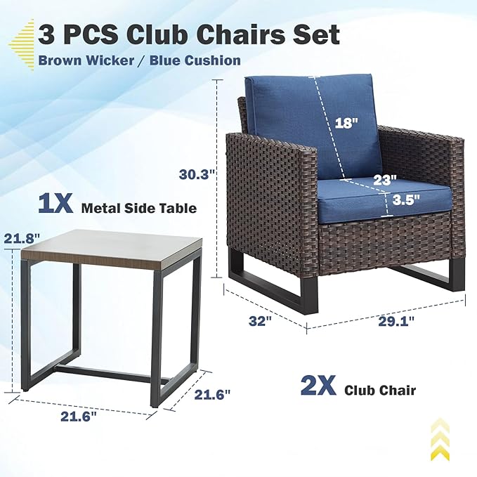 Belord Outdoor Bistro Set 3 Piece Outdoor Wicker Patio Chairs, Oversize Outdoor Rattan Seating Set, All-Weather Chairs Wicker Furniture with Metal Side Table and Removable Cushion for Outside