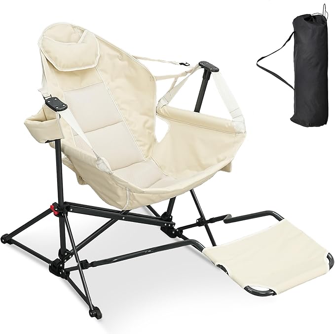 Ainfox Hammock Chair with Footrest, Oversized Swinging Portable Folding Camping Chairs for Adults Outside Swinging Camp with Cup Holder Pillow for Outdoor Patio Lawn Beige