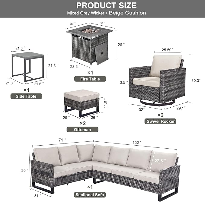 Belord Patio Sectional Furniture Set with Fire Pit Table: 8 Pieces Wicker Patio Conversation Set with L Shaped Sofa, Outdoor Swivel Glider Rocker, Rattan Ottomans, Removable Cushions Beige