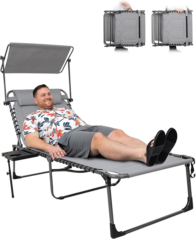 KingCamp Oversized Padded Chase Lounge Chairs, Extra-Wide Folding Tanning Chair Adjustable 5-Position 400lbs Heavy Duty Lounger with Double-Layer Oxford Canopy Shade for Outdoor Beach Patio Sun Pool