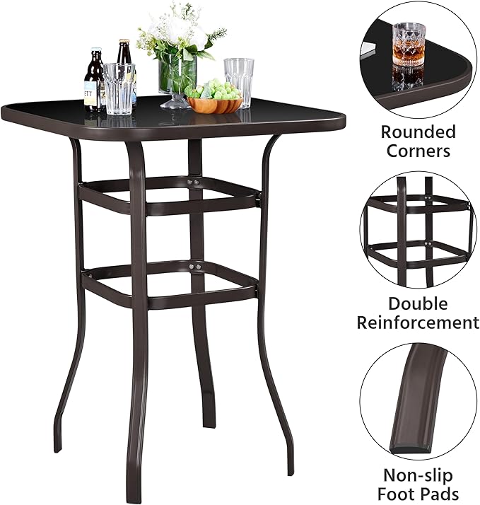 Yaheetech Patio Bar Table Tempered Glass, Height High Top Outdoor Pub Height Bistro Square Table for Paito Lawn Garden, Brown