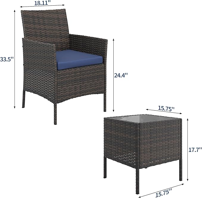GAOMON 3-Piece Patio Furniture Set, Modern PE Rattan Conversation Set with 2 Chairs & Tempered Glass Coffee Table, All-Weather Outdoor Seating for Garden, Porch, Balcony, Poolside, Brown/Navy Blue