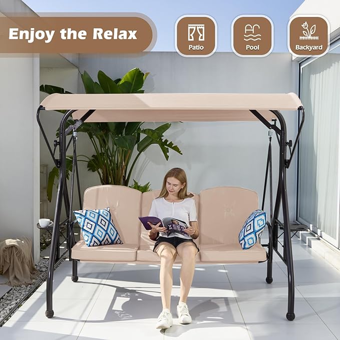 800LBS Patio Swing with Canopy 3 Seat Outdoor Porch Swing with Stand w/Cup Holder & Pillow Glider Chair Swing Bed for Patio Backyard Poolside (Khaki)
