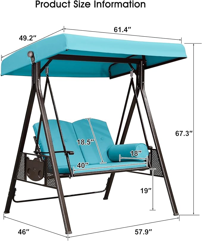 PURPLE LEAF 2-Seat Deluxe Outdoor Patio Porch Swing with Weather Resistant Steel Frame, Adjustable Tilt Canopy, Cushions and Pillow Included, Turquoise Blue