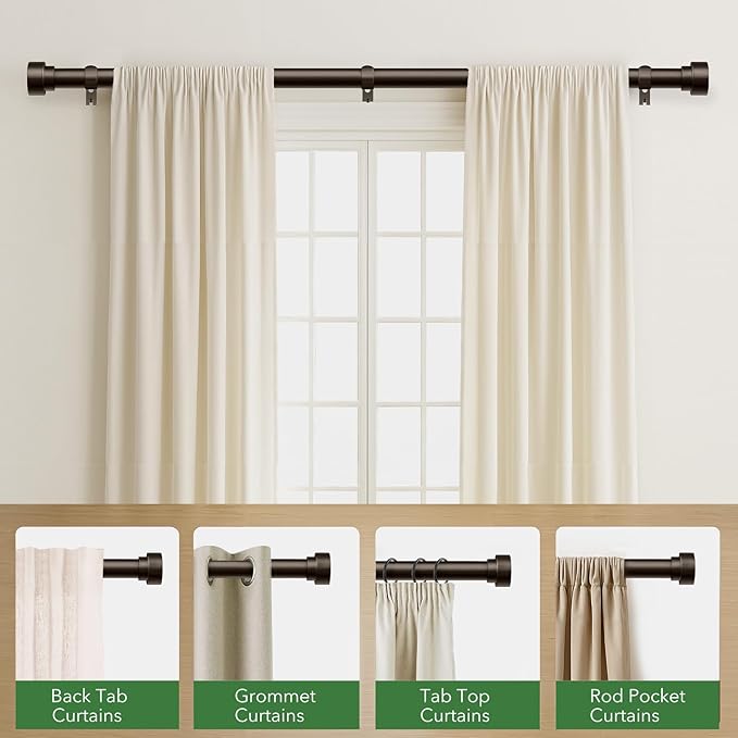 Curtain Rods for Windows 32 to 170, 1 Inch Adjustable Heavy Duty Long Window Outdoor Curtain Rod for Patio, Drapery Rods with Simple End Caps, Size 32"-170", Antique Bronze