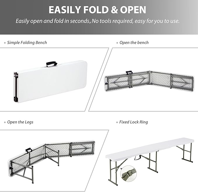 6ft Plastic Folding Bench with Carrying Handle & Lock, Portable Outdoor Bench in Garden Picnic Camping Dining Party Seat, Waterproof Bench for Soccer Activities, Firm and Durable (2Pack C)