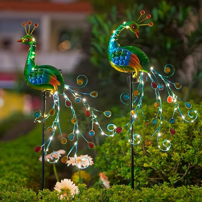 DREAMSOUL 2 Pack Peacock Solar Lights Outdoor, Tall Waterproof LED Outdoor Solar Lights for Yard Pathway Peacock Decor