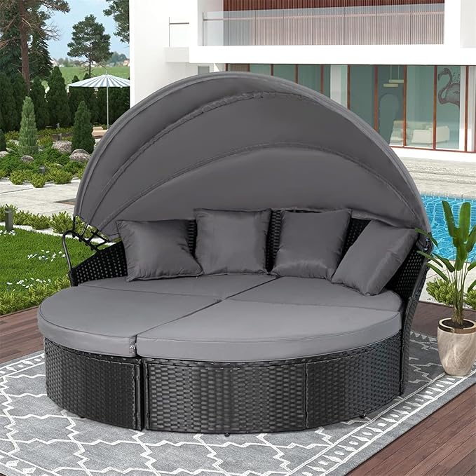 SUNCROWN Outdoor Patio Round Daybed with Retractable Canopy, Black Wicker Furniture Sectional Couch with Washable Cushions, Backyard, Porch