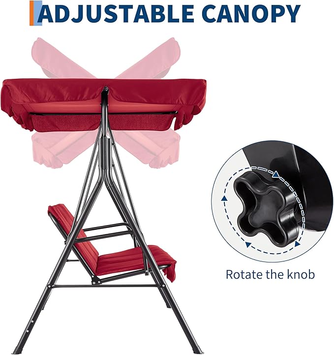 Porch Swing Chair with Adjustable Canopy for Adults 3-Seat Patio Glider Bench with Thick Cushions Steel Frame Outdoor Swing Chair for Backyard Lawn Garden Red