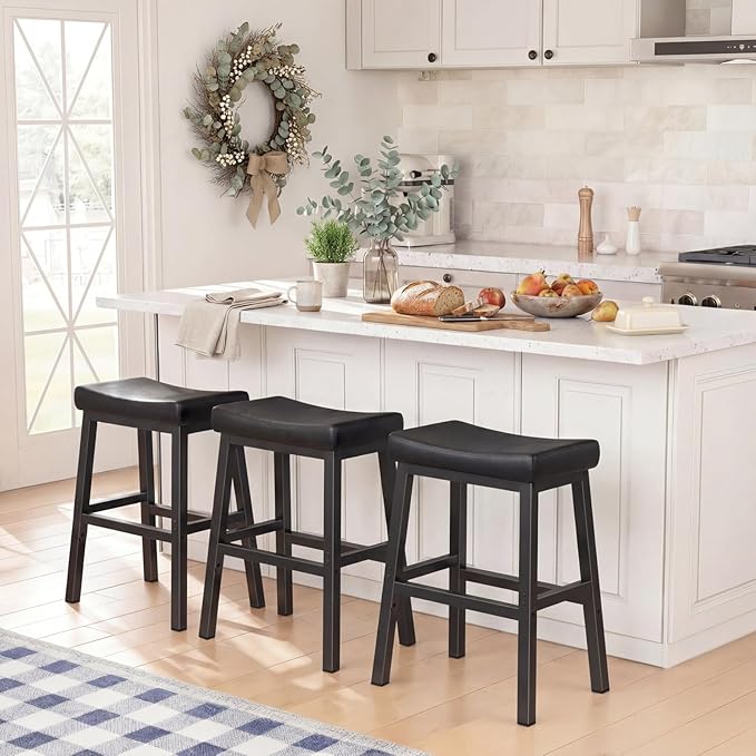 24 Inch Bar Stools for Kitchen Island, Kitchen Chairs Counter Height Stools with Footrest, Black Saddle Leather Barstools Heavy Duty for Dining Table Farmhouse Outdoor, 1 PC