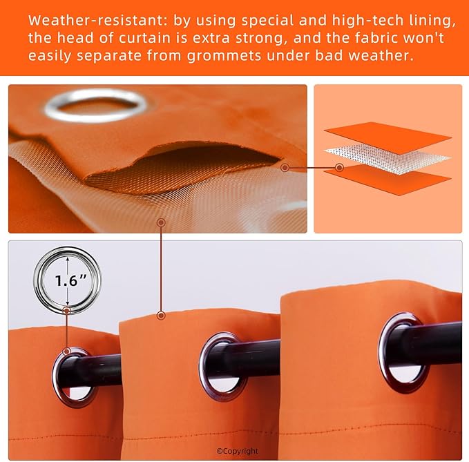 Outdoor Indoor Curtains W52 x L108 for Patio - Weather-resistant Window Panels Privacy Protect Grommet Top Thermal Insulated Home Curtain for Porch Pergola Garden (Orange, 2 Panels)