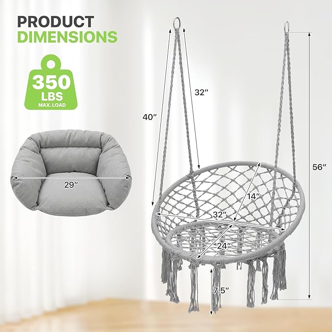 Magshion Hanging Hammock Chair with Comfortable Full Cushion, Macrame Indoor and Outdoor Swing Chair, 350 Lbs Capacity, Accent Hanging Swing with Boho Tassels for Living Room, Bedroom and Porch (Gray)