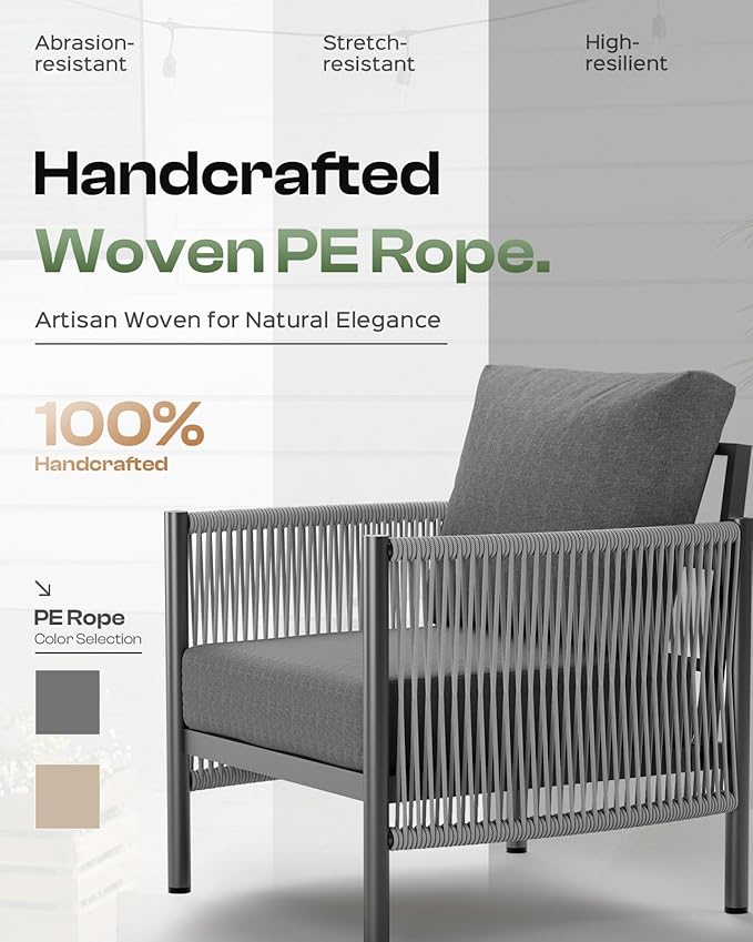 Aluminum Outdoor Patio Furniture Set with Dual-Layer Coffee Table, 4 Piece Modern Patio Conversation Sets with PE Rope, Outdoor Sectional Sofa with Thick Cushions for Balcony, Deck, Charcoal