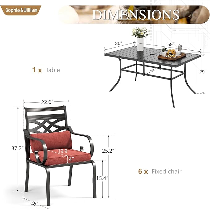 Sophia and William Patio Dining Set for 6, Outdoor Table and Chairs, Removable Red Seat Cushions, 60" Black Patio Dining Table,Red