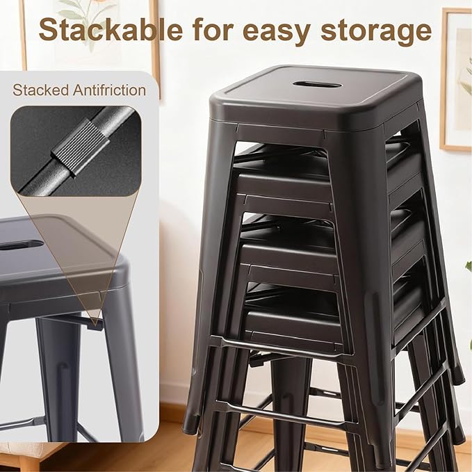 Stackable Metal Bar Stool Backless Indoor-Outdoor Counter Stools Fullmetal Dinning Chairs Set of 4 (Black, 30 Inch)
